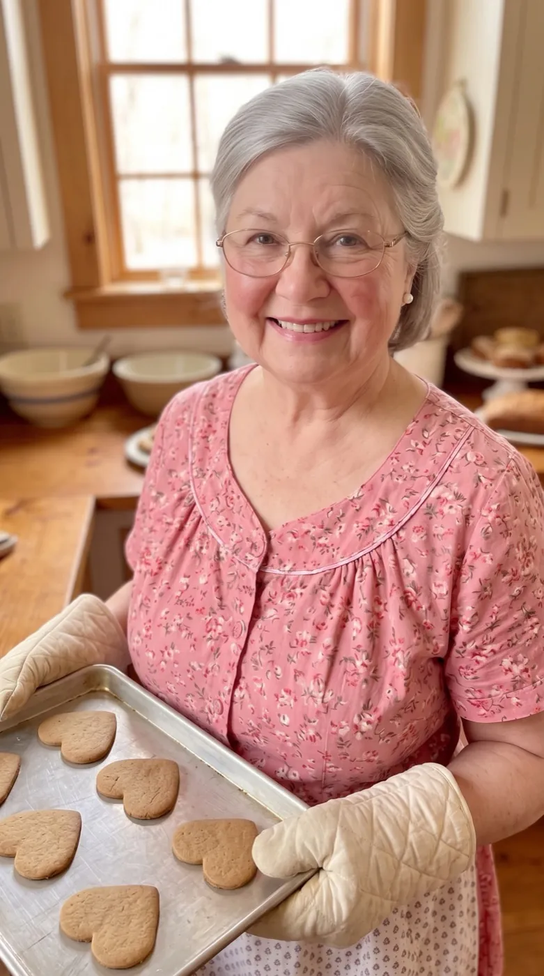 Goodness Granny holding a tray of cookies in her kitchen